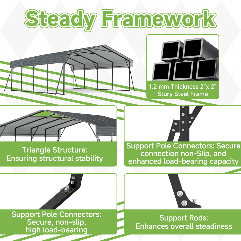 20x20 FT Heavy Duty Metal Carport without Sidewalls Grey
