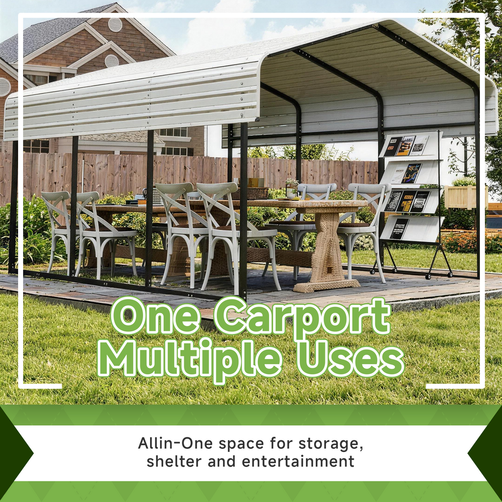 10x15FT Heavy Duty Metal Carport Cream White with Galvanized Roof, No Sidewalls