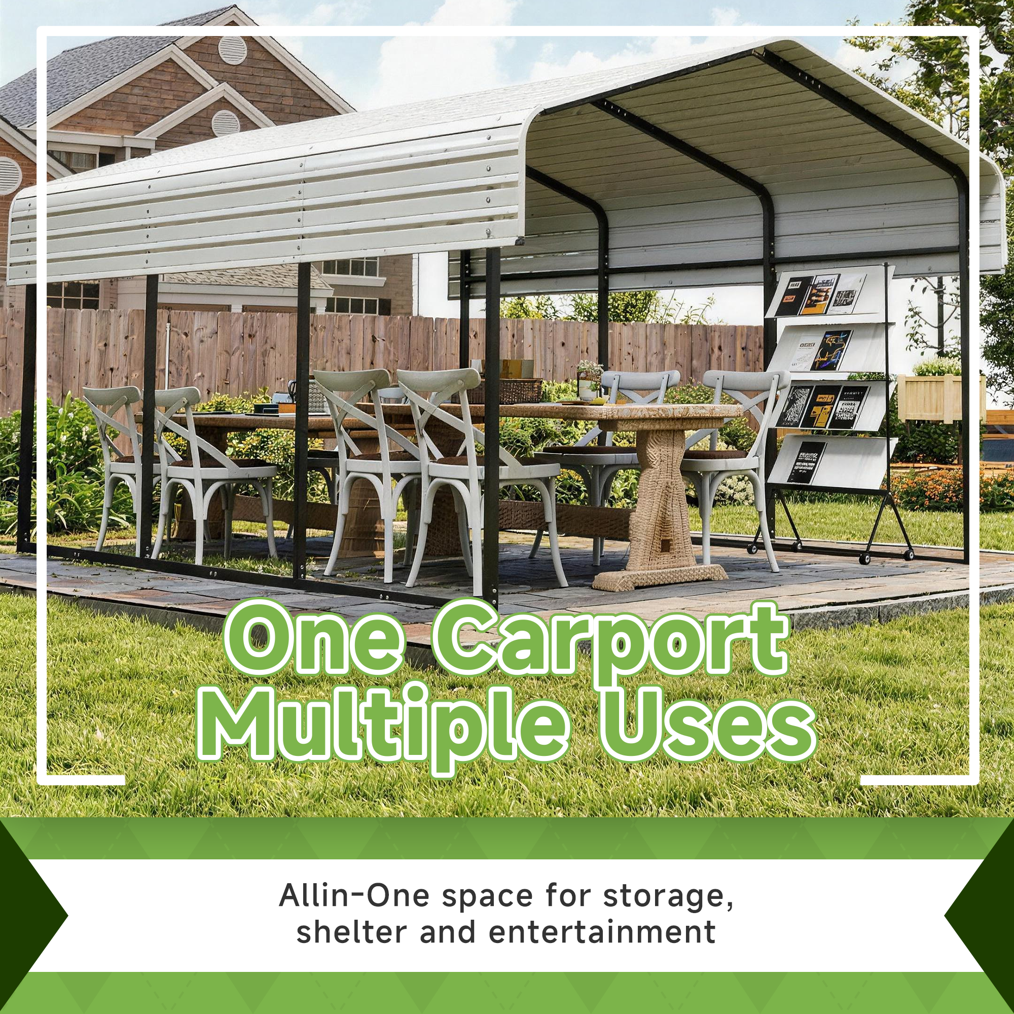 10x15FT Heavy Duty Metal Carport Cream White with Galvanized Roof, No Sidewalls