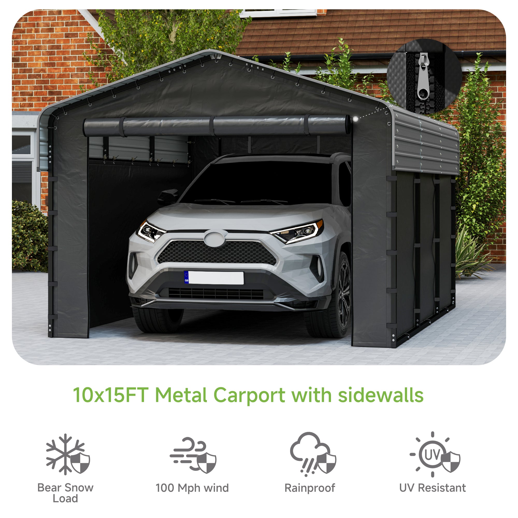 10x15FT Heavy Duty Metal Carport with Sidewalls & Galvanized Roof Secondary image