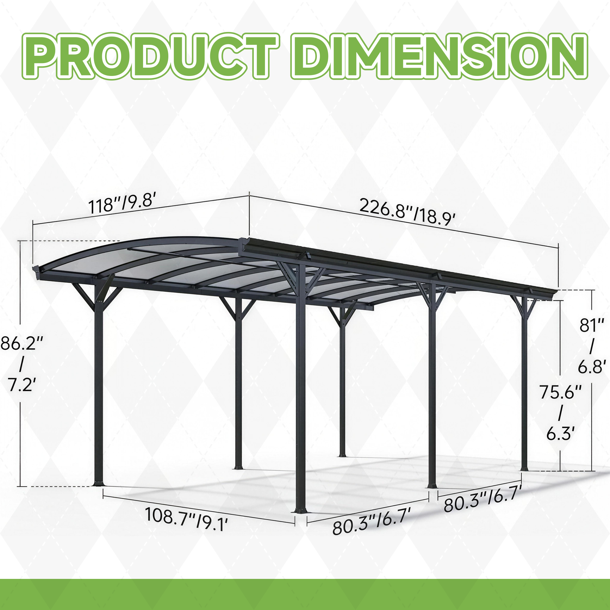10x19 FT Heavy Duty Metal Carport without Sidewalls Grey