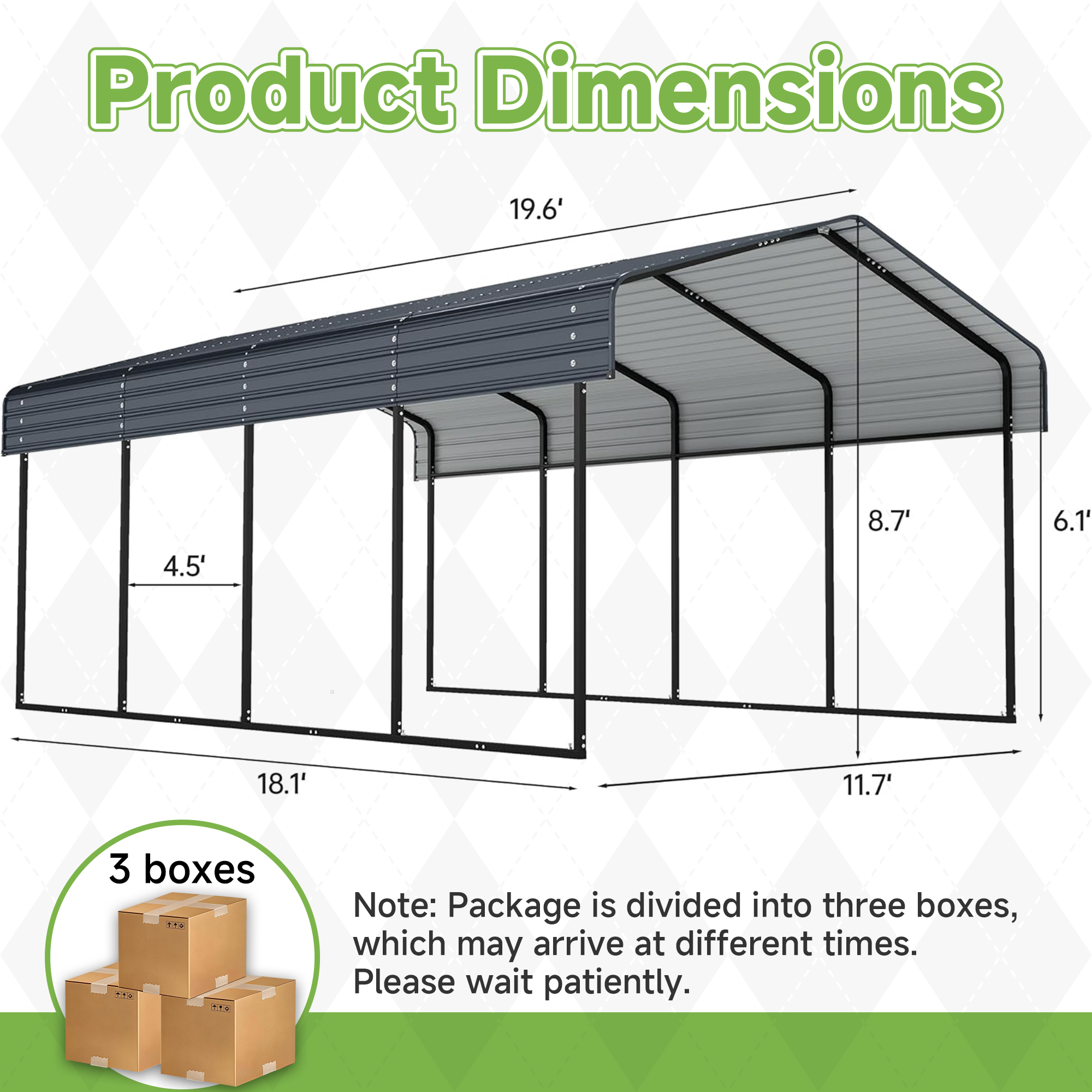 12x20 FT Heavy Duty Metal Carport without Sidewalls Grey
