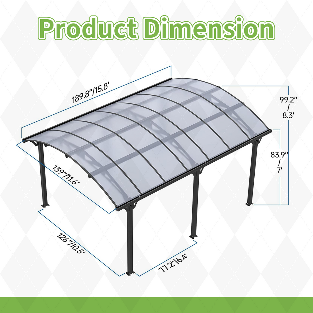 12x16 FT Heavy Duty Metal Carport without Sidewalls Grey